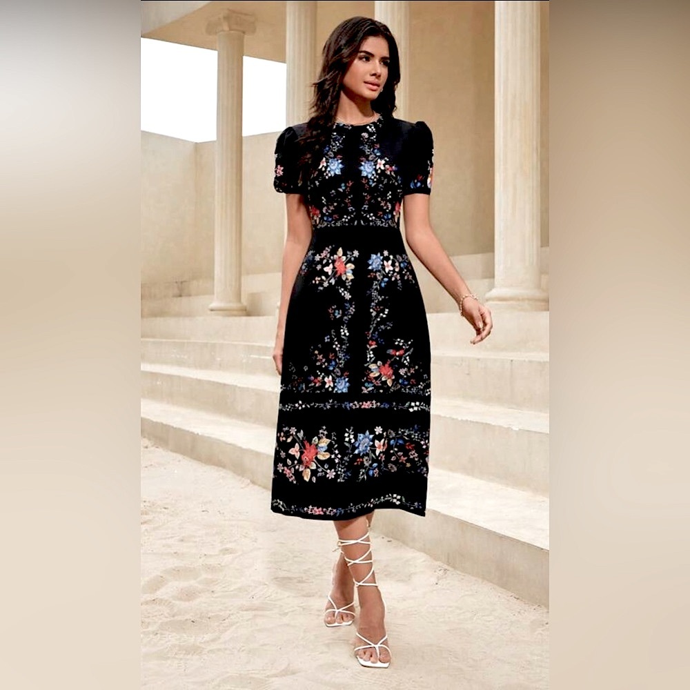Floral black midi dress with puffed sleeves